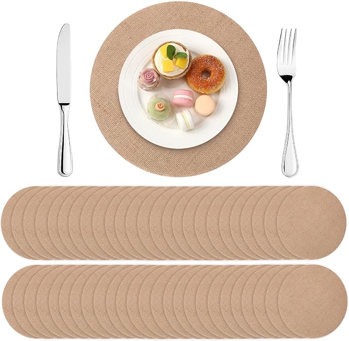 50 Pcs 11.8 Inch Burlap Round Placemats Bulk, Natural Table Mats | Jute Fiber Placemats, Heat Resistant Non Slip, Holiday Weddings Birthday Party, Kitchen Dining Table Decorations