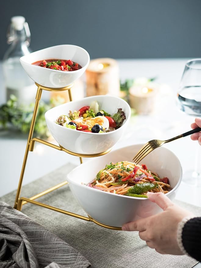 Miamolo 3 Tier Serving Bowls with Stand for Entertaining Party | Chips and Dip Serving Dishes Hosting Essentials | Ceramic Fruit Bowl for Salad Soup Snacks | Microwave & Dishwasher Safe