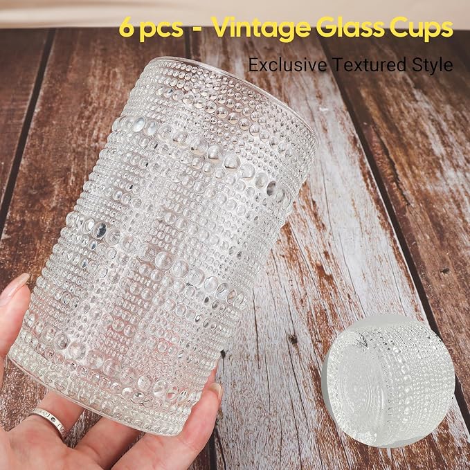 12 oz Hobnail Drinking Glasses, 6 Pack | Vintage Embossed Glass Tumbler Beverage Set for Juice, Beer, Cocktail, Whiskey