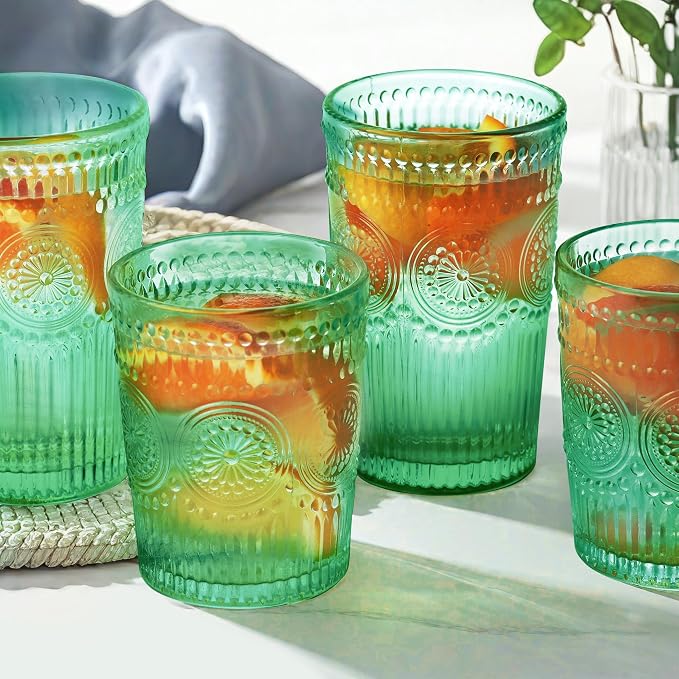 Loivttvv 12pcs Vintage Drinking Glasses Set, 12 oz Highball Glasses & 9 oz Embossed Ribbed Glassware Cups for Cocktail, Water, Juice, Coffee, Whiskey (Dark Green)