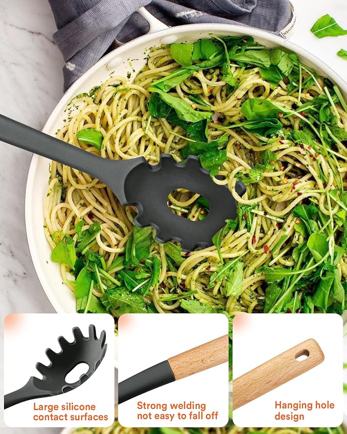 13PCS Silicone Kitchen Utensils Set for Nonstick Cookware, Grey | Food Grade, Heat Resistant Kitchen Utensil Spatula Set, Wooden Handles Kitchen Gadgets Tools Set