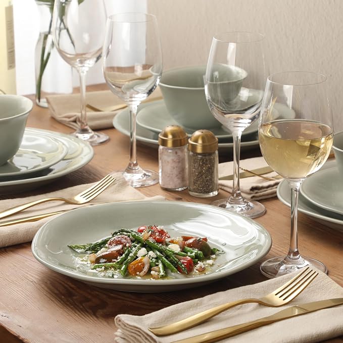 Gibson Elite Port Barton Plates and Bowls Sets, 12-Piece Stoneware Dinnerware Sets, Reactive Glaze Dish Set - Green