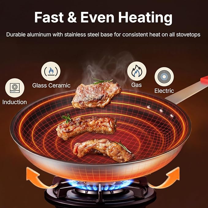 DUMOS 10 Inch Nonstick Frying Pan, Heavy-Gauge Aluminum Skillet with Ceramic Nonstick Coating, Stainless Steel Base & Handle, Omelet Pan for Induction, Electric, Gas, PFAS Free, Oven Safe, Red Handle