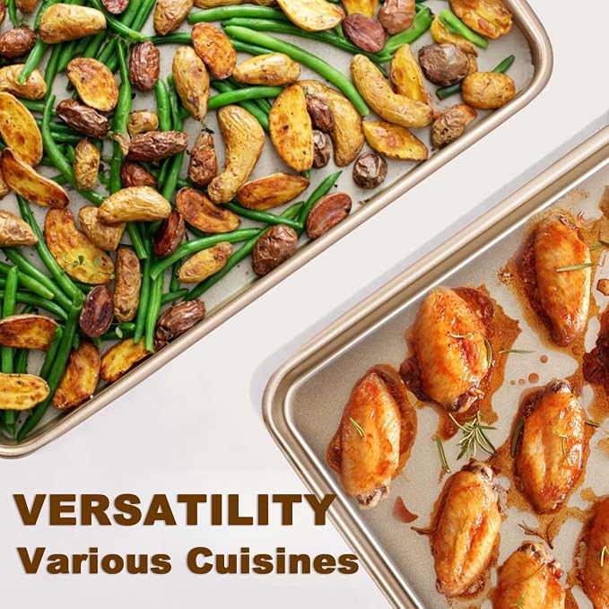 Wildone Baking Sheet Pan Set of 2, Nonstick Cookie Sheets for Baking | Thicker Carbon Steel Half Sheet Pan Oven Tray 17.5x12 Inch, Heavy Duty & Easy Clean, Champagne Gold