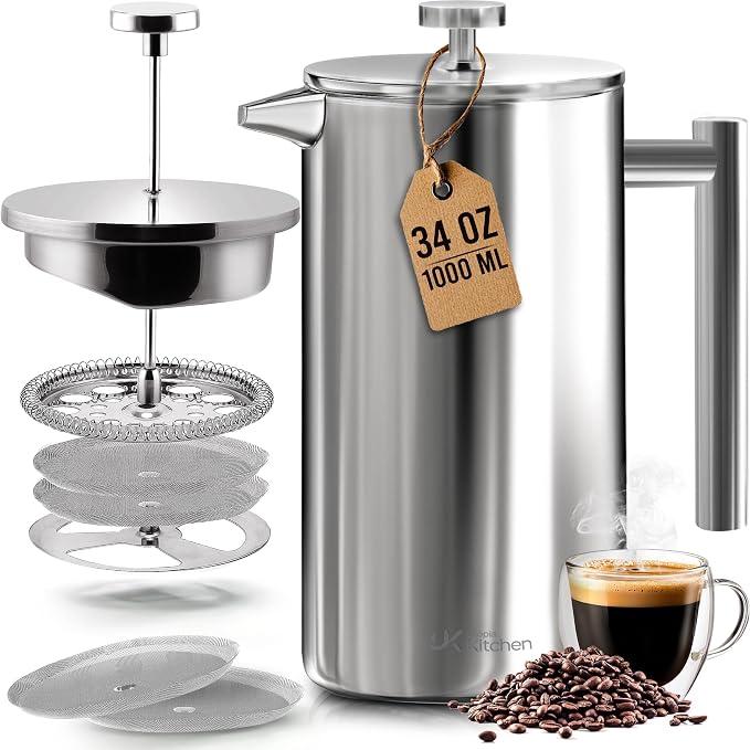 Utopia Kitchen 304 Grade Stainless Steel French Press 34 Oz, Silver | Double Wall Insulated Coffee Press with 4-Level Filtration System, Include 2 Extra Filters, Rust-Free, Dishwasher Safe