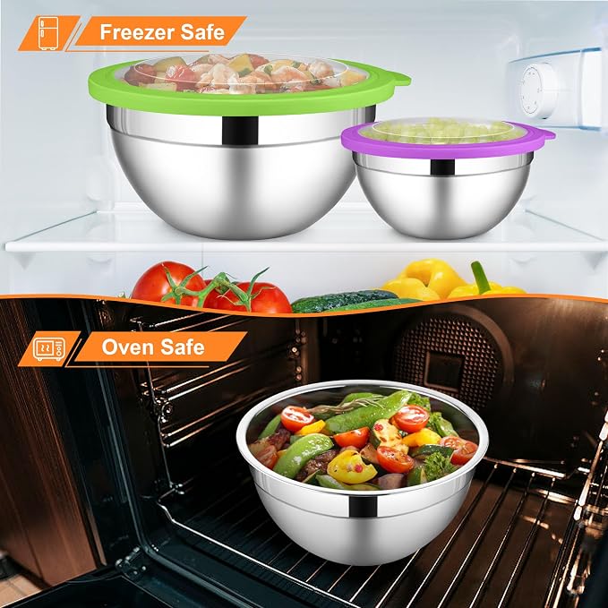 LIANYU Mixing Bowls with Visible Lid Sets, Size 7, 3.5, 2.5, 2, 1.5, 1QT | Large Stainless Steel Cooking Bowls, Nesting Metal Serving Bowl for Kitchen, Baking, Storage, Food Prepping, Multi-Color