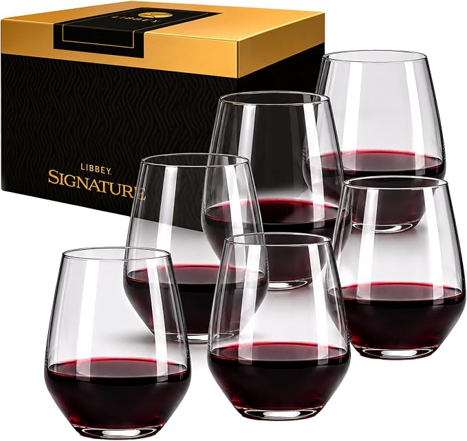 Libbey Signature Greenwich Stemless Wine Glasses Set of 6, Modern Wine Glasses for Red and White Wine, Ideal Stemless Wine Glass Set for All Occasions