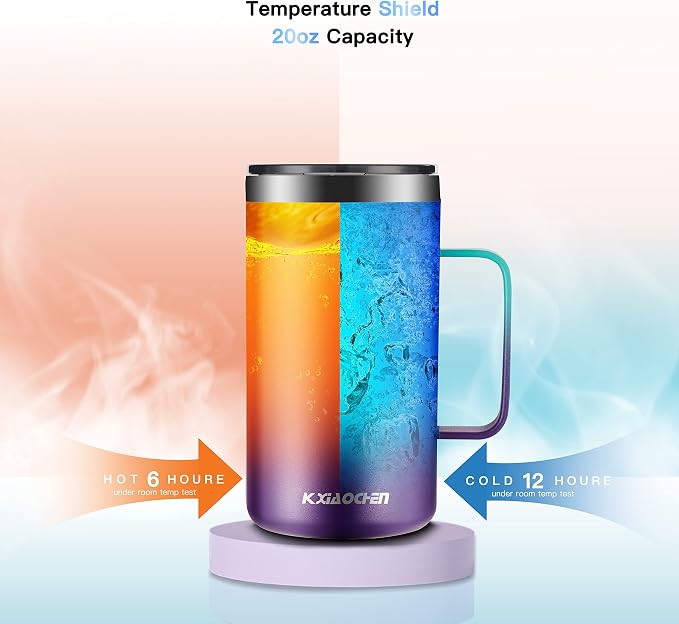 KXIAOCHEN 20 oz Insulated Coffee Mug, Coffee Cup with Lid and Wide Handle | 18/8 stainless steel, 6+ hours hot or 12+ hours cold, wide mouth, no-sweat exterior, for office, work, home and camping