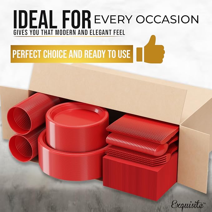 350 Pcs Red Plastic Plates For Party, Red Disposable Plates Set, 50 Of Each 9" Dinner Plate Set, 7" Dessert Plate, Cups, Napkins & Cutlery Plastic Dinnerware Set Exquisite