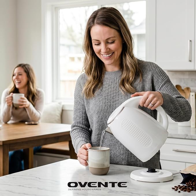 OVENTE 1.7L Double Wall Electric Tea Kettle, 1100W Power, White KD64W | Water Boiler with Cool-Touch Exterior, Stainless Steel Interior, Auto Shut-Off, Boil-Dry Protection & Locking Lid, Easy Clean