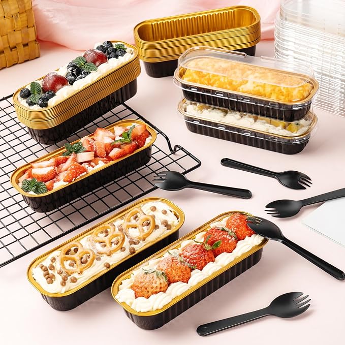 FNIU 30Pcs Mini Loaf Pans with Lids, Aluminum Foil Baking Pans, Rectangle Mini Cake Pans, Brownie Baking Cups for Wedding Birthday Party (Black Gold) | Brownie Baking Cups for Wedding Birthday Party (Black Gold)
