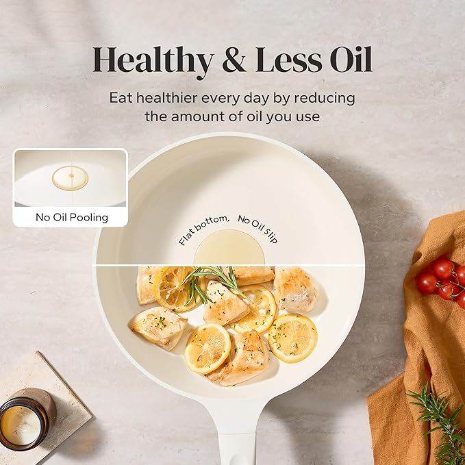 Redchef Ceramic Frying Pan with Glass Lid, Nonstick Deep Saute Pan for All Stovetops, Healthy Cooking Pan, Ergonomic Handle, Fast Even Heating, Splatter Prevention, Oven Safe, Beige (5.2Qt, 12")