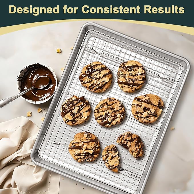 Wildone Baking Sheet with Rack Set (2 Pans + 2 Racks), Half Sheet Size | Natural Aluminum Commercial Quality Cookie Sheet with Cooling Rack, Nonstick Baking Pan, Warp Resistant & Heavy Duty