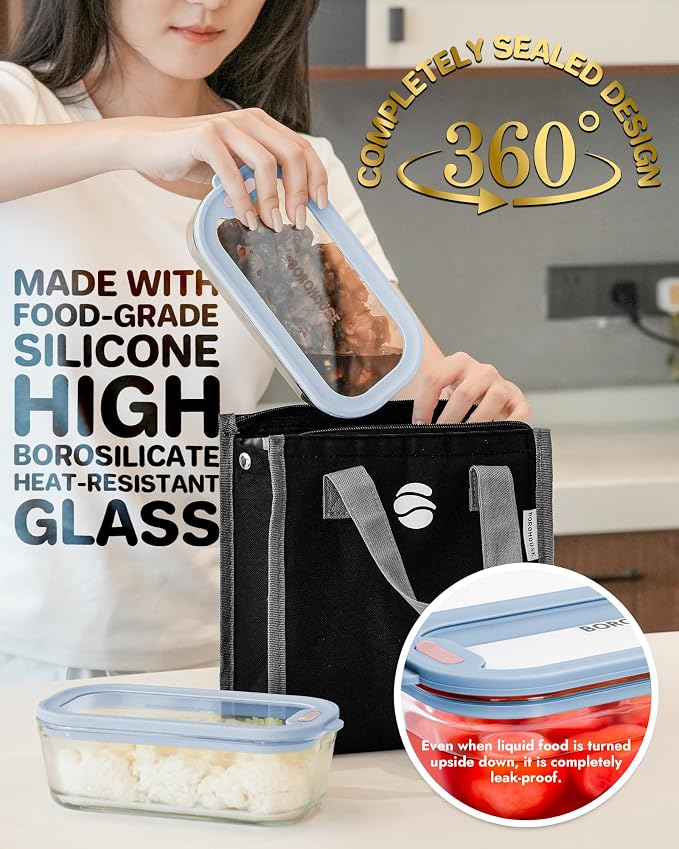 7-Pack Glass Food Storage Containers with Tempered Lids – Borosilicate, Airtight, Oven-Safe (-4°F~950°F), BPA-Free, 1Cup*4 & 2.3Cup*2 & 5.7Cup*1(Light blue)