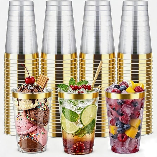 Byvivace 12oz Clear Plastic Cups with Gold Rimmed Sturdy & Food Safe Disposable Wine Glasses Wedding Cups Party Cups Plastic Cocktail Glasses for Wine, Juice, Cocktails and Cold Beverages [100 Pack]