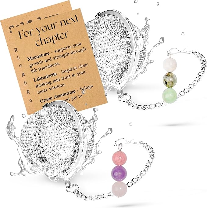 2-Pack Tea Infuser Set with Natural Stone Charms – 304 Stainless Steel Mesh Tea Ball Loose Leaf Tea Steeper with Good Luck Charm– For Your Next ChapterGifts for Women, Coworker Leaving, Retirement