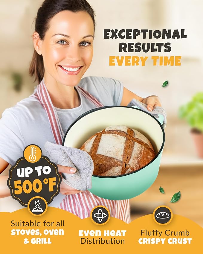 5 QT Cast Iron Bread Oven with Lid for Sourdough Bread Baking Set | Dutch Oven for Sourdough Bread Baking, Enameled Cast Iron, Banneton, Bread Sling, Lame, Dough Whisk & Step-by-Step Guide