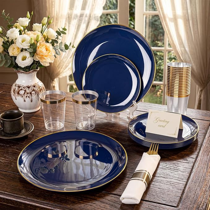 KIRE 350Pcs Blue and Gold Plates -Heavy Duty Navy Blue Dinnerware Set - 100 Plastic Plates 50 Pre Rolled Napkins with Gold Plastic Silverware 50 Cups for Party/Wedding/Birthday