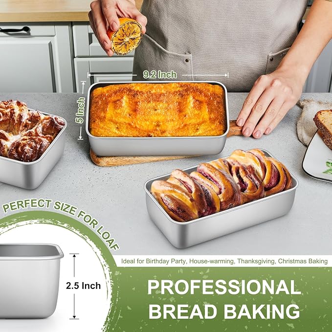 P&P CHEF Loaf Pan, 9 x 5 Inch Stainless Steel Bread Pan, (Silver, 3Pcs) | Loaf Toast Baking Pans Tins Set For Bread Meatloaf Lasagna Cake, Healthy & Sturdy, Oven & Freezer Safe, Easy to Clean