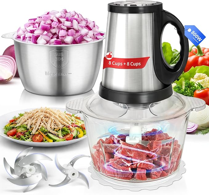 Food Processor-2 Bowls (8Cups+8Cups),800W Food Chopper Meat Grinder | 【2 Sets Stainless Steel Blade】【Pure Copper Motor】Small Food Processor for Meat,Vegetable,Garlic,Onion,Chicken Shredder
