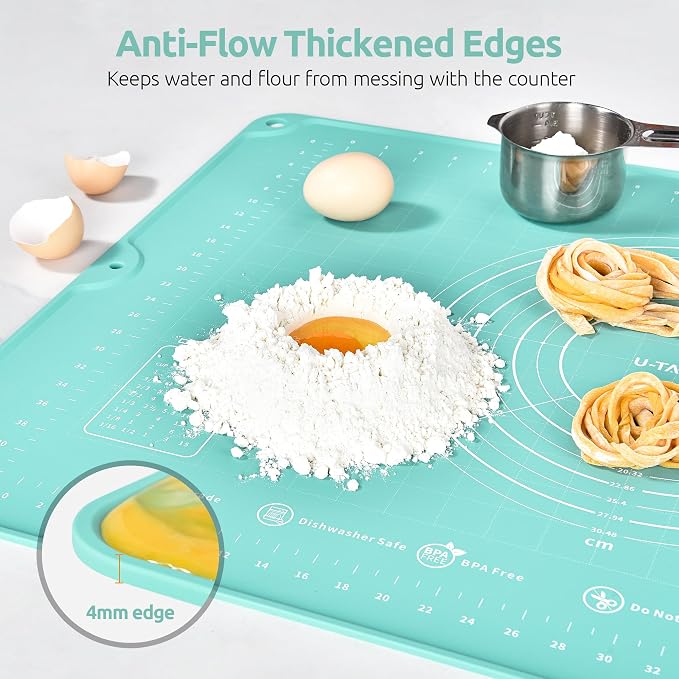 U-Taste Silicone Pastry Mat, Dough Rolling Baking Sheet, 28"x20", Aqua Sky | Food-Grade Liquid Silicone, Non-Stick Non-Slip, Baking Supplies for Pizza Cookie Pie Crust, Clear Measurement & Raised Edges