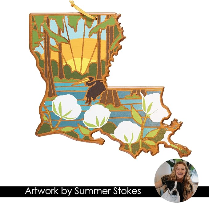 Totally Bamboo Louisiana State Shaped Cutting Board, Summer Stokes Art | State charcuterie board with colorful hand-drawn landscape art. Smooth reverse side for food prep. Hang tie for wall display.