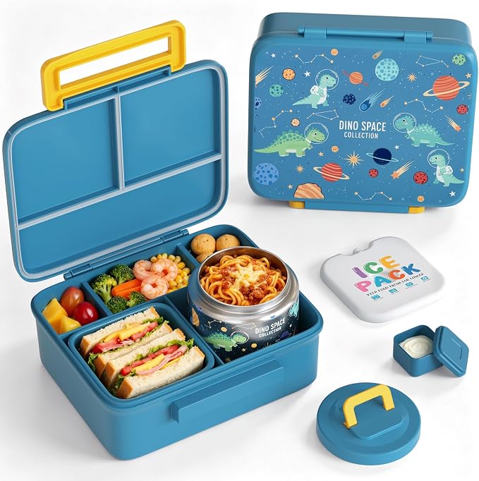 Kids Lunch Bento Box with 8oz Thermo/Ice Pack, BPA-Free, for School | Leak-proof Food Containers with 5 Compartment, Insulated Food Jar, Dishwasher Safe, Easy to Clean, Lunch Box for Girls Boys