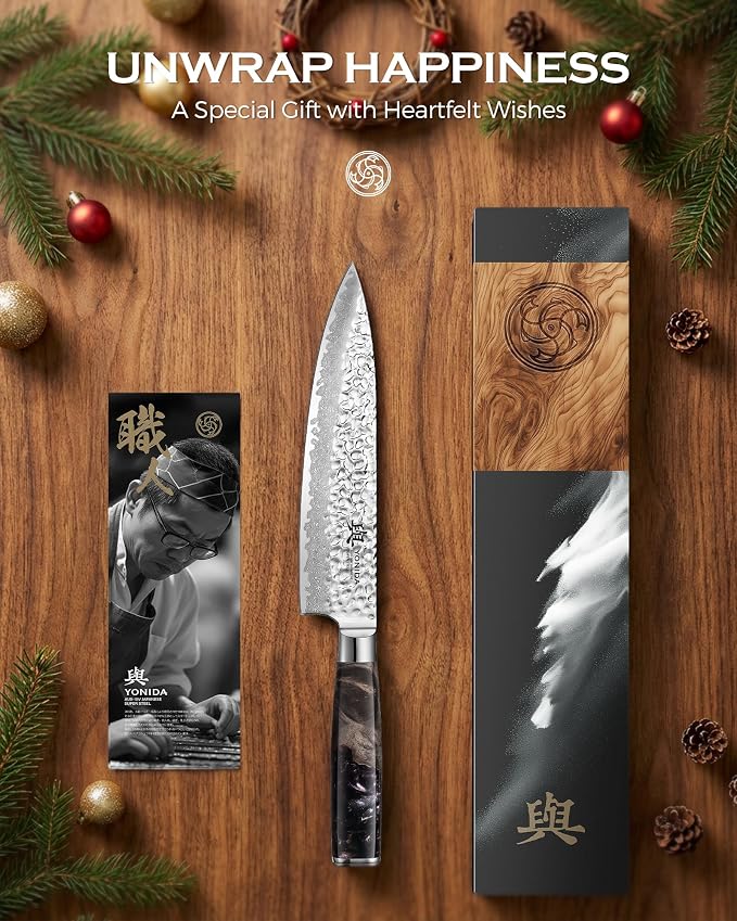 Japanese Chef Knife, 67-Layer Damascus Steel 8 Inch Kitchen Knife with AUS-10 Core, Professional Hand Forged Gyuto Knife with Gift Box, Ergonomic Handle, Ideal Valentine's Day Gifts for Men Women