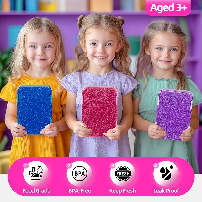 Bento Lunch Box for Kids, 5/6 Compartments, Shiny Purple and Clear | Dishwasher Safe Back to School Snack Bento Lunch Containers Boxes, Ideal Portion Sizes for On-the-Go Meal, Ages 3+, School