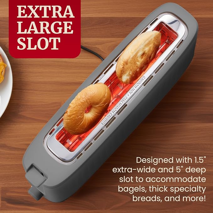 Elite Gourmet ECT2517G SLIMTOAST 2-Slice Long Slot Toaster, Grey | Cool-Touch Body, 6 Browning Shades, Extra-Wide 1.5" Slot Fits Artisan Bread, Bagels, Waffles & English Muffins