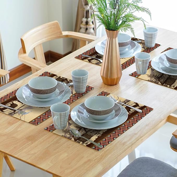 Vintage Bear Moose Placemats Set of 4 Rustic Farmhouse Wild Animal Heat Resistant Table Mat 12x18 Inch Country Cabin Forest Kitchen Mats for Party Dining Table