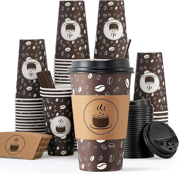 JOLLY PARTY Disposable Coffee Cups with Lids, Sleeves and Straws - 12oz(100 Pack) Paper Coffee Cups with Lids, Hot Cup for Shops, Cafes, and Concession Stands(Dark Brown)