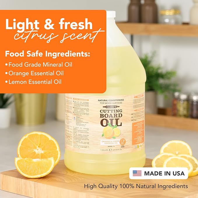 CLARK's Cutting Board Oil 128 oz, Food Grade Mineral Oil with Citrus Scent | Mineral Oil for Wood Cutting Boards, Butcher Blocks, Utensils, Lubricant for Knives. Soak for 2-3 Hours for Optimal Finish
