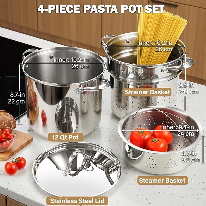 Cooks Standard 12 Quart Pasta Pot Set 4-Piece 18/10 (304) Stainless Steel | Multipurpose Stock Pot with Strainer Insert & Steamer Basket, Spaghetti Cooker with Lid, Induction Compatible