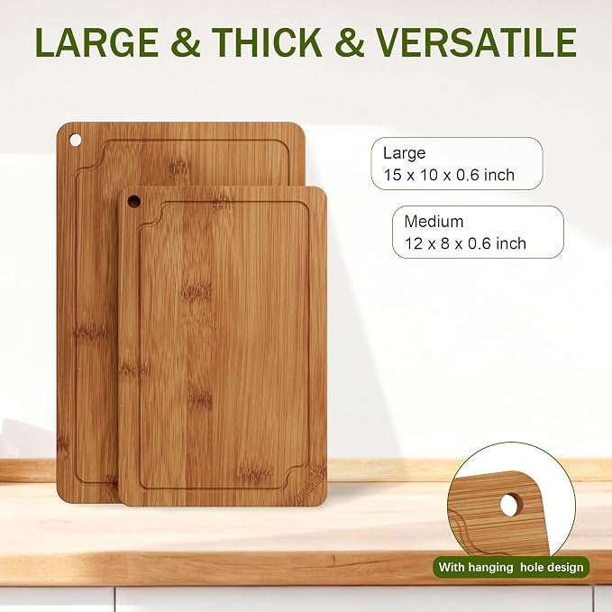 2-Piece Bamboo Cutting Board Set Serving Tray Juice GroovesHandles | Ideal for Meat Vegetables Fruit,Easy Storage & Quick Clean,Natural Wood Construction,Dual-Purpose as Serving Tray