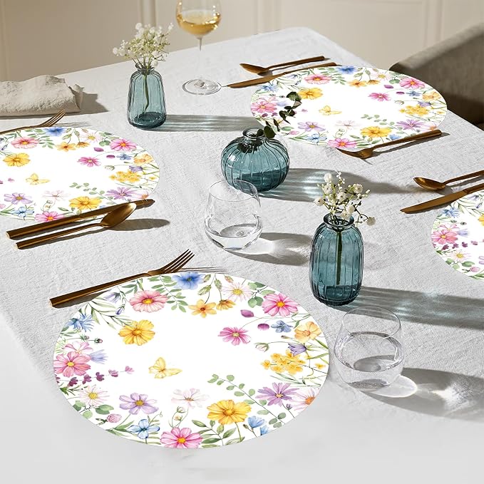 Watercolor Wildflower Wreath Paper Placemats - 50PCS Disposable Round Table Mats for Summer Brunch Birthday Wedding Anniversary Bride Party Supplies