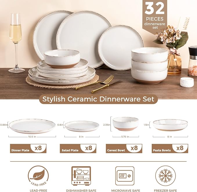AmorArc Dinnerware Sets for 8, 32 Pieces Ceramic Plates and Bowls Set | Scratch Resistant Stoneware Dishes Set, Dishwasher & Microwave Safe, Light Beige