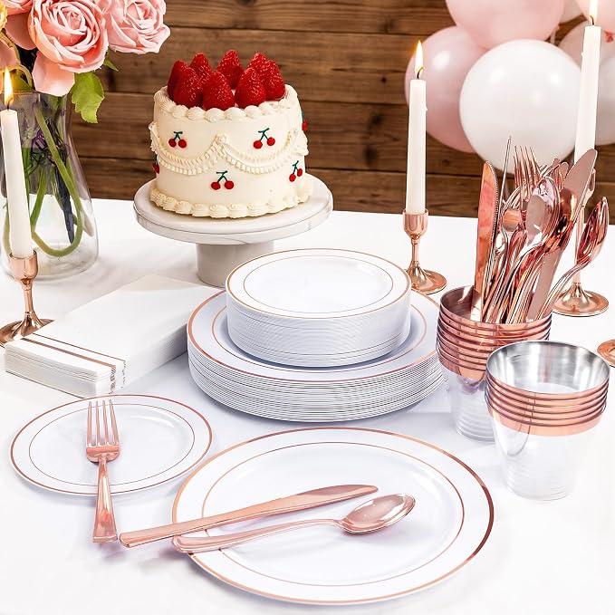 GATHER 350PCS Rose Gold Plastic Plates for Wedding Birthday Party | White and Rose Gold Disposable Dinnerware Set include 100 Plastic Plates, 150 Silverware, 50 Napkins, 50 Cups for Baby Shower
