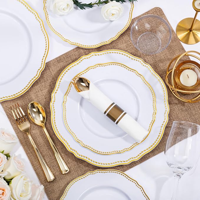 175 Pcs White and Gold Plastic Plates Wedding & Party | Gold Plastic Dinnerware Set Includes 25 Dinner Plates, 25 Dessert Dinnerware, 25 Cups, 25 Rolled Napkin Cutlery