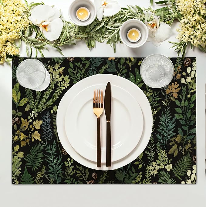 Black Sage Green Plant Placemats Set of 4 Vintage Botanic Fern Leaves Herb Floral Place Mats Rustic Farmhouse Linen Fabric Table Mats for Party Kitchen Dining Outdoor Indoor Decor