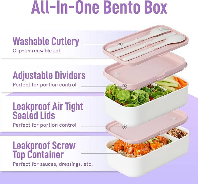 Double Premium Bento Box Adult, 67oz, Portion Control, Dusty Pink | 68 oz Capacity, Stackable Containers, Leak-Proof Design, Includes Dividers, Great for Meal Prep, Office Lunchbox