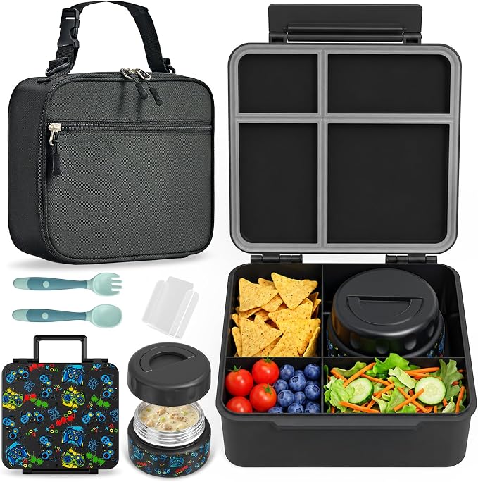 Bento Box for Kids with Thermo Food Container (9oz), 4-Compartment Lunch Box, Adjustable Divider, Leakproof Bento Lunch Box, Includes Utensils & Carry Bag for School, Office(Black-Game)