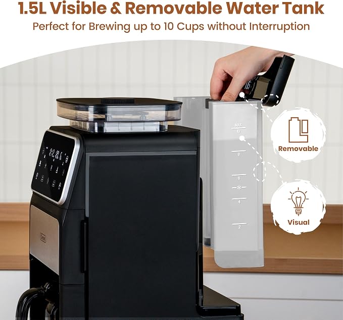 Gevi 10-Cup Drip Coffee Maker With Built-In Burr Grinder & Touch Screen | Programmable Brewing, 4-Hour Warming Plate, Permanent Filter, Included Glass Carafe for Fresh Grind-And-Brew Coffee at Home