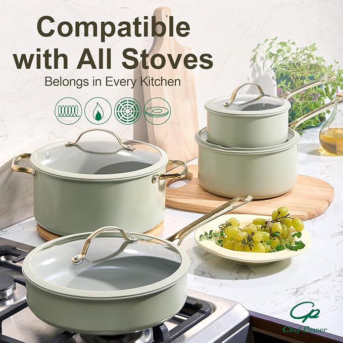 Ceramic Frying Pan with Stainless Steel handle 5Pcs Set, Non Stick Grill Pan Set, Dishwasher and Oven Safe, Sage Green and Granite Grey