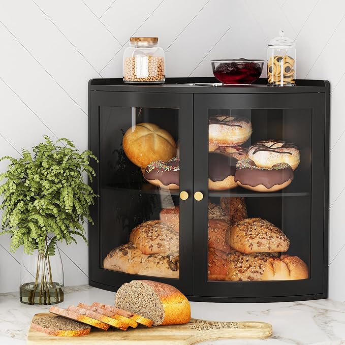 Trironsun Fan Shape Corner Bread Box for Kitchen Counter Double Layer Large Bread Storage Container with Acrylic Doors Farmhouse Wooden Bread Box Organizer for Homemade Bread (Black)