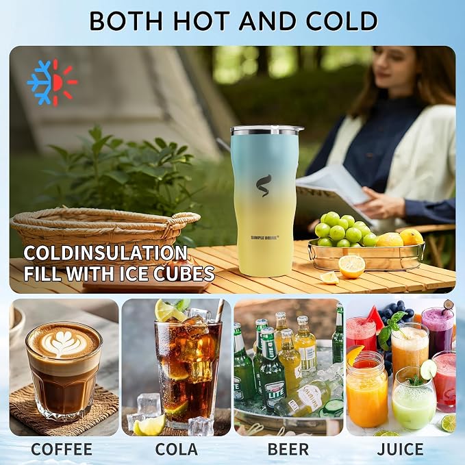 20 oz Insulated Tumbler, Straw and Flat Lids, Yellow Blue | 18/8 stainless steel, double-wall vacuum insulation, BPA-free materials, reusable straw, for everyday hot and cold drinks.