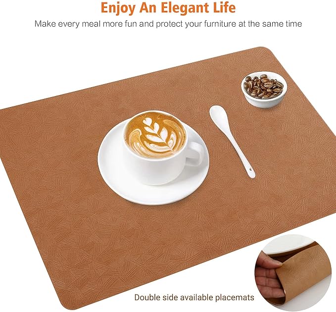 Light Brown Vinyl Placemats Set of 6 Waterproof Wipeable Table Mat | Heat Resistant Easy Clean Place Mats Faux Leather Table Mats Washable PVC Table Placemats for Dining Table