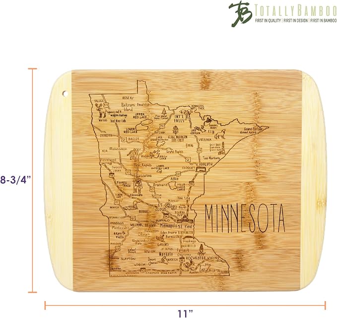 Totally Bamboo A Slice of Life Minnesota Engraved Map Cutting Board | 11” x 8.75” charcuterie board with engraved state map artwork. Smooth reverse side for food prep. Hang tie for wall display.