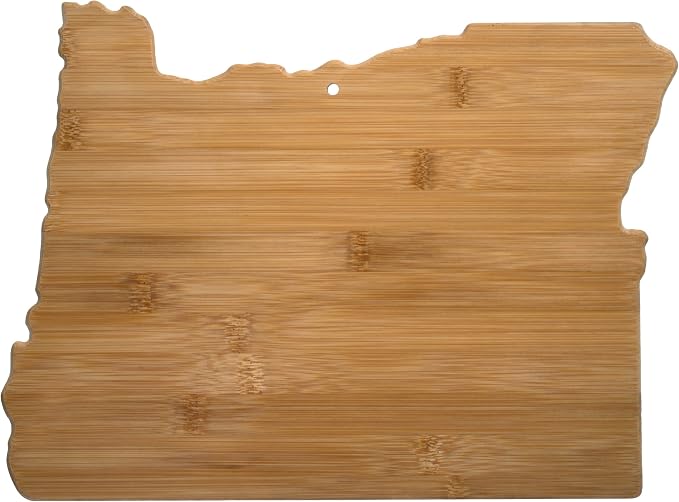 Totally Bamboo Oregon State Shaped Bamboo Serving and Cutting Board | State charcuterie board with natural bamboo grain. Knife-friendly surface for food prep. Hang tie for wall display.