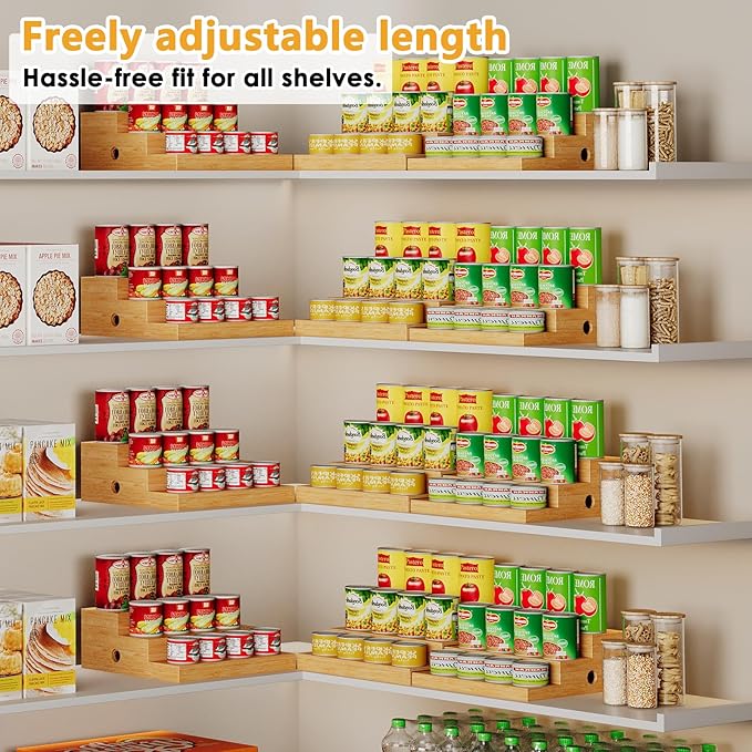 2-Pack Expandable Bamboo Can Organizer for Pantry Display, Holds 48 Cans | 3-Tier Adjustable Can Storage Holder, Soda & Canned Food Organizer Rack for Cabinets & Countertops (Patent Pending)